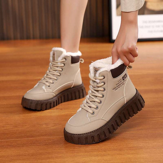Ins Lace-up Snow Boots Winter Warm Fleece Flat Shoes For Women Fashion Casual Plush Ankle Boot - globaltradeleader