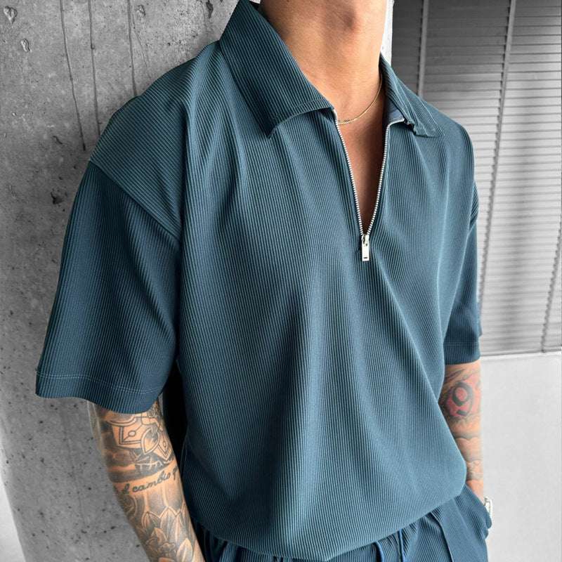 Summer Fashion Mens Clothing  Men's Suits New Zipper Polo Casual Short Sleeve Drawstring Shorts Men's Set - globaltradeleader