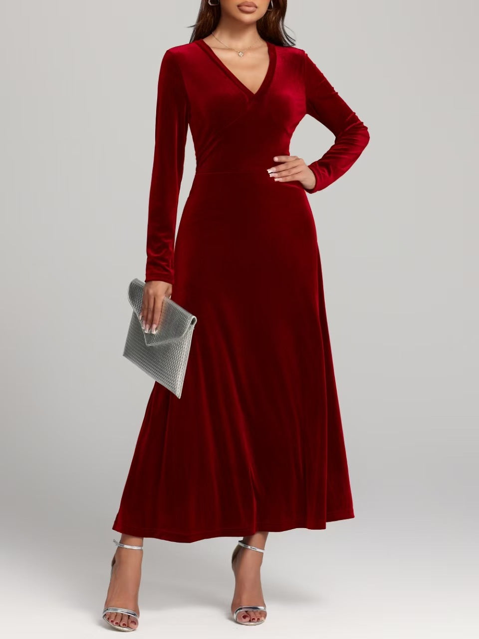 V-neck Long Sleeve Evening Dress Pleuche Dress - globaltradeleader