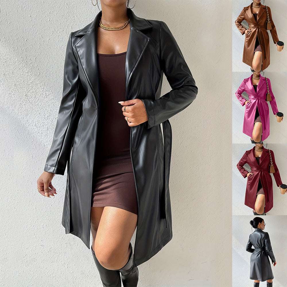 PU Long Sleeve Jacket Women's Slim Fit Long Trench Coat - globaltradeleader