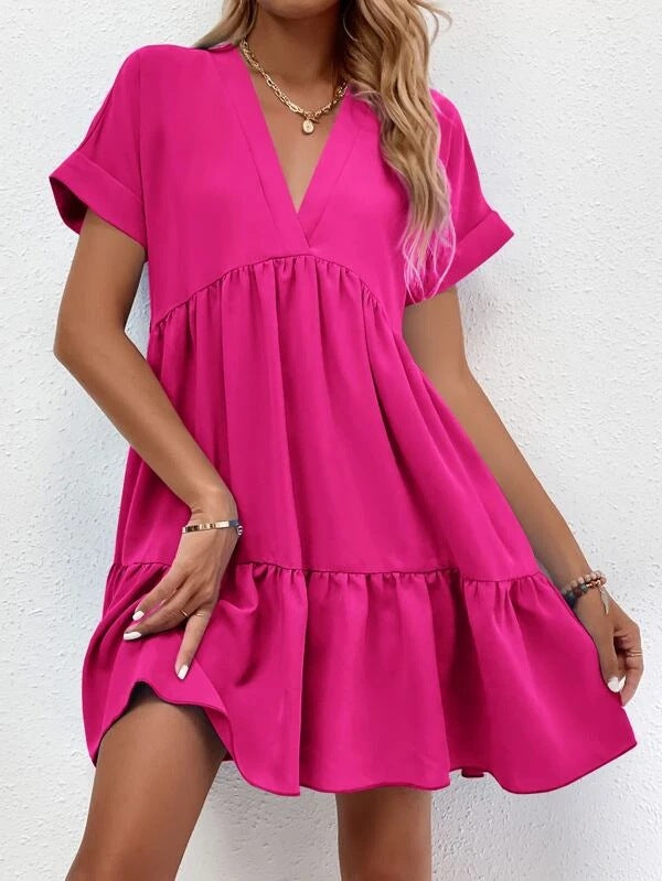 New Short-sleeved V-neck Dress Summer Casual Sweet Ruffled Dresses Solid Color Holiday Beach Dress For Womens Clothing - globaltradeleader