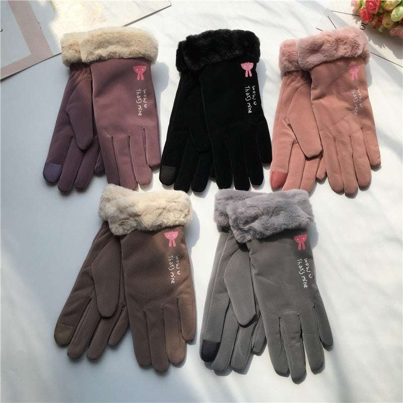 Autumn And Winter Women's Riding Gloves Korean Style Alphabet Cartoon Warm Double Layer Fleece-lined - globaltradeleader