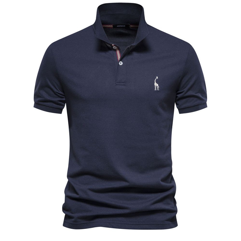 Deer Embroidered Men's T-shirt Solid Color Polo Collar Basic Style Short-sleeved Shirt Men - globaltradeleader