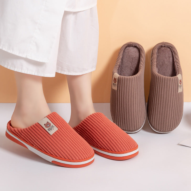 Solid Color Striped Slippers For Women Thick-soled Anti-slip Indoor Warm Plush Home Shoes Couple Women Men Slipper Winter - globaltradeleader