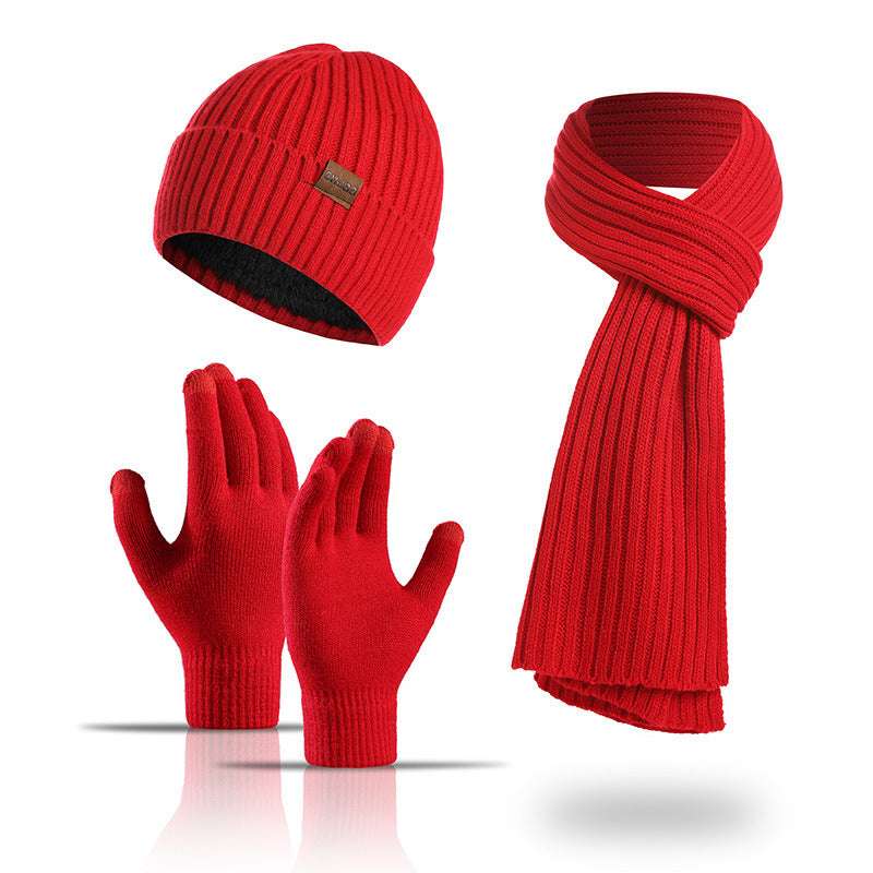 Winter Solid Color Scarf Hat Gloves Knitted Three-piece Suit - globaltradeleader