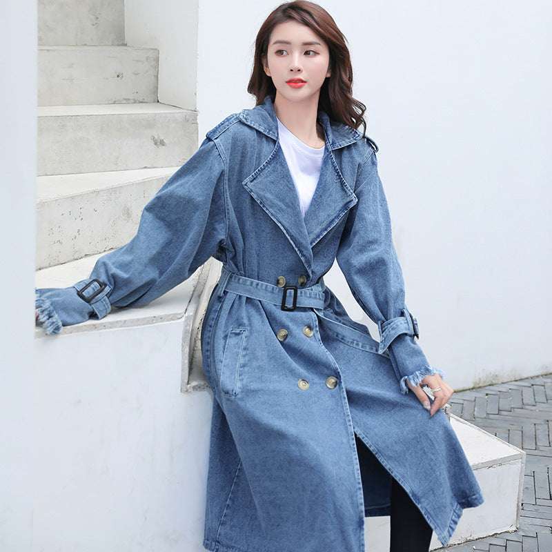 Loose Mid-length Coat With Belt Double Breasted Denim Women's Windbreaker - globaltradeleader