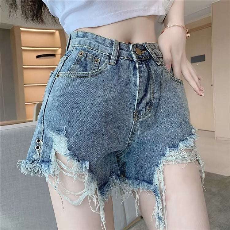 Micro Elastic High Waist Slimming Holes Frayed Vintage Denim Shorts - globaltradeleader
