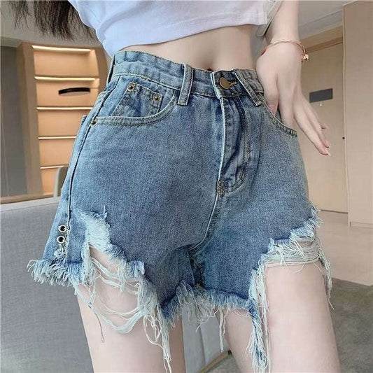 Micro Elastic High Waist Slimming Holes Frayed Vintage Denim Shorts - globaltradeleader