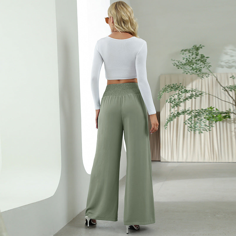 Fashion Straight Wide Leg Pants Elastic High Waist Casual Trousers For Women - globaltradeleader