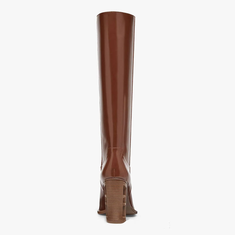 Square Toe Hollow-out Chunky Heel Cowhide Commuter Long Fashion Boots - globaltradeleader