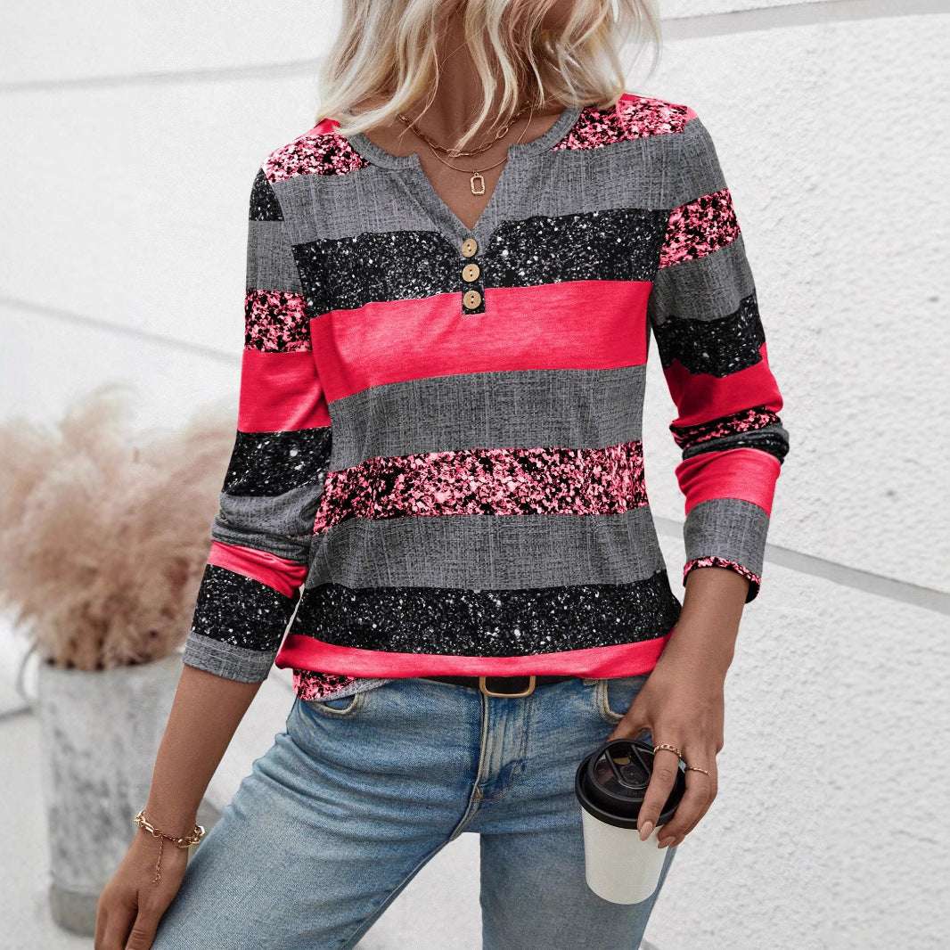 Striped V-neck 3D Printing Fashion Casual Sweater - globaltradeleader