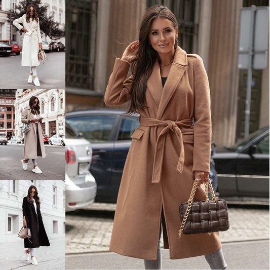 Long Sleeve V-neck Tie Woolen Coat Women's Clothing - globaltradeleader