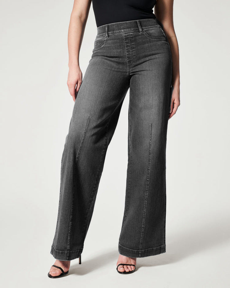 Women's Straight Jeans Mid Waist Wide Leg Pants High Elastic Waist Trousers - globaltradeleader