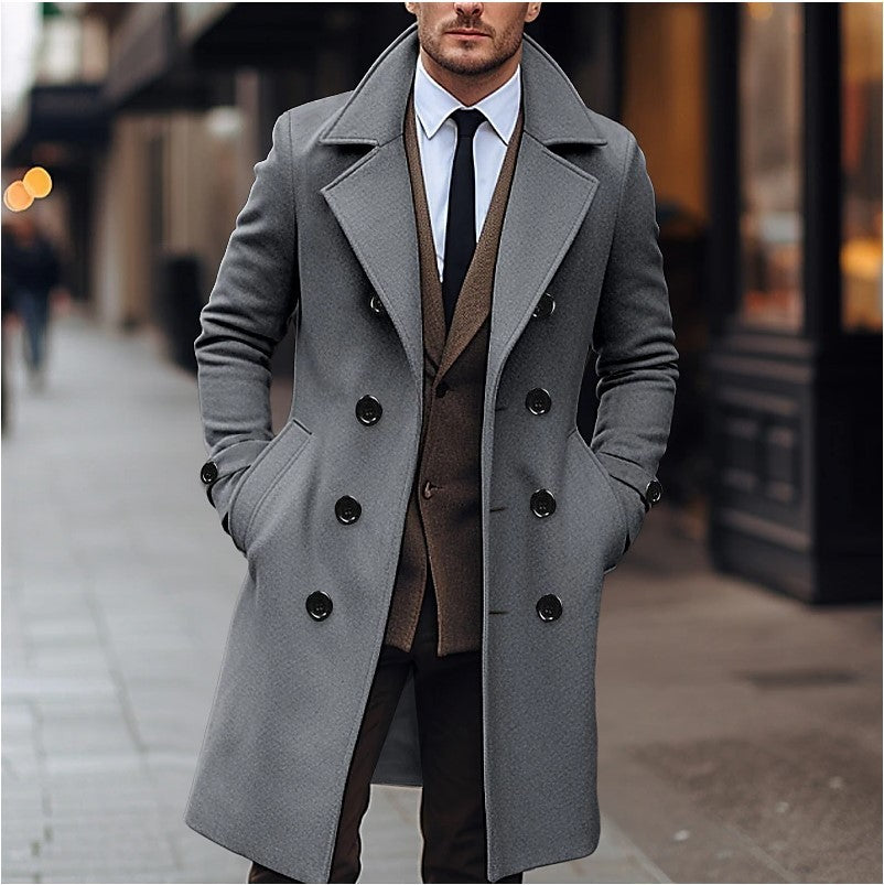 Fall Winter Men Woolen Coat Double Breasted Long - globaltradeleader