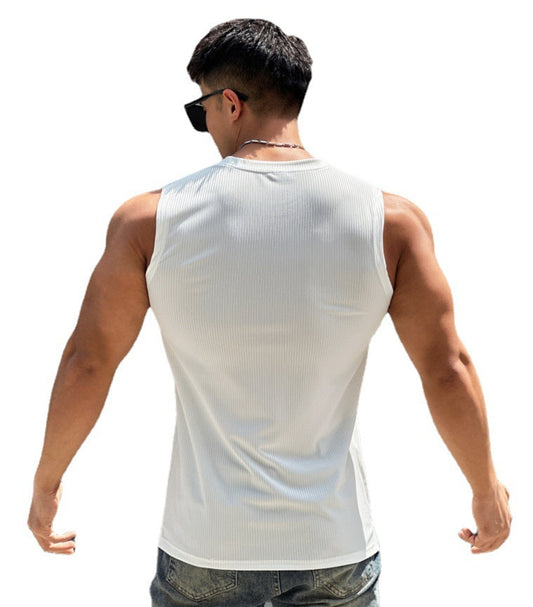 Summer Workout Vest Exercise Sleeveless Round Neck Striped Quick-drying Breathable Basketball Running Training Clothing Men - globaltradeleader