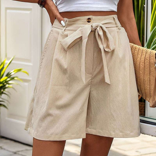Women's Simple Casual Lace Up Elastic Waist Solid Color Shorts - globaltradeleader