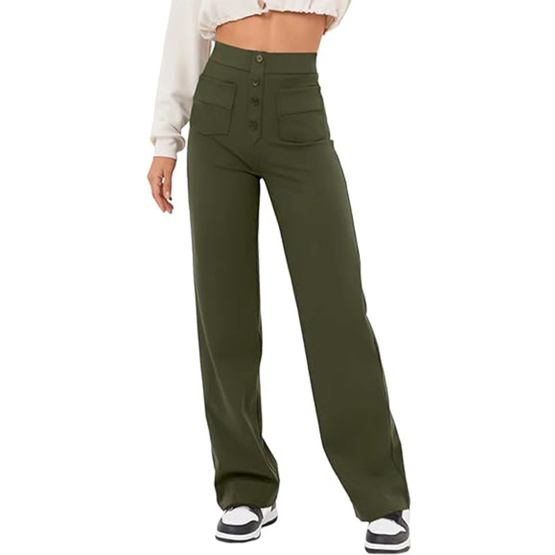 High Waist Trousers With Pockets Casual Loose Wide Leg Button Straight Pants Women's Clothing - globaltradeleader