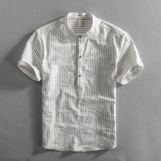 Men's Short Sleeve Striped Stand Collar Casual Loose Plus Size Shirt Thin - globaltradeleader