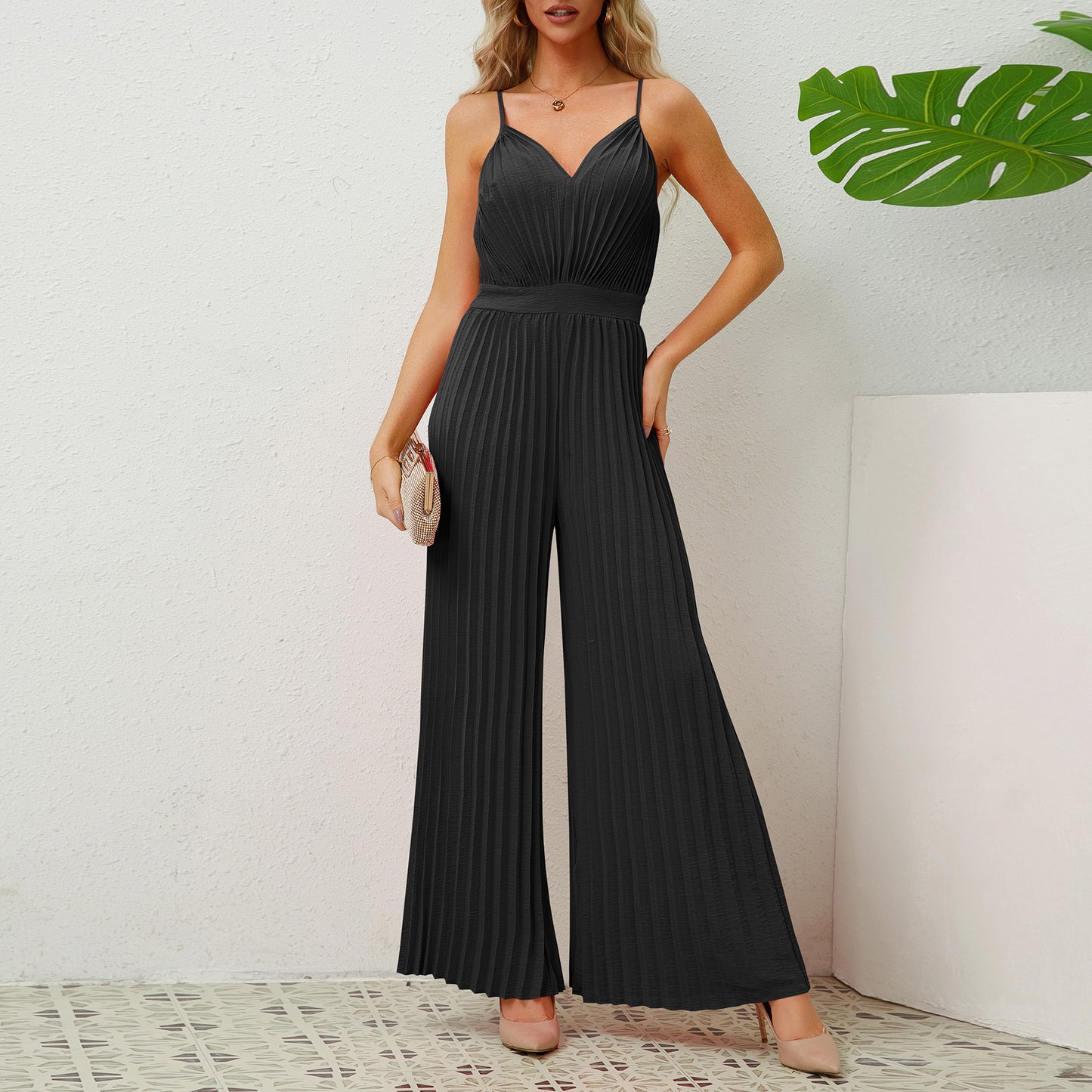 V-neck Suspender Pleated Jumpsuit Solid Color Loose Straight Pants Womens Clothing - globaltradeleader