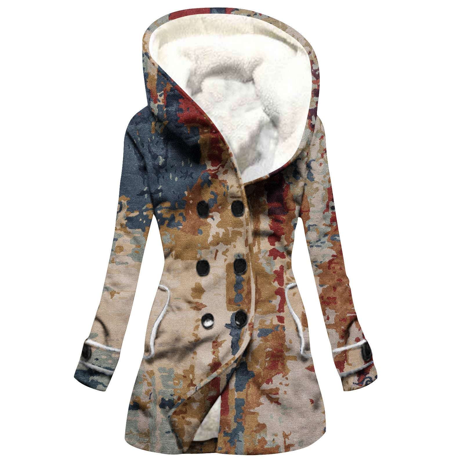 Women's Windbreaker Winter Thickened Imitation Lamb Stitching Floral Hooded - globaltradeleader