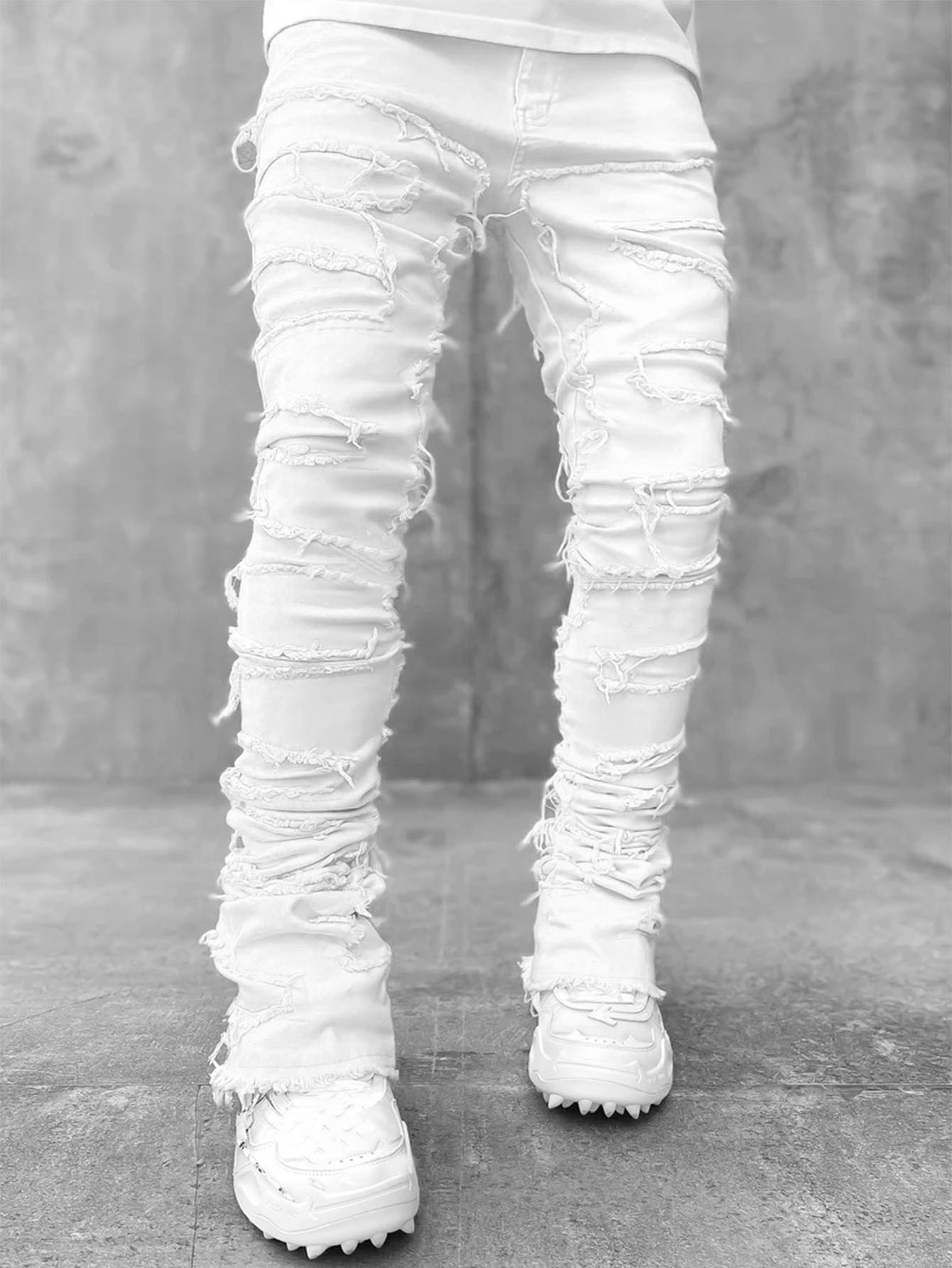 Men Trousers Individual Patched Pants Long Tight Fit Stacked Jeans For Mens Clothing - globaltradeleader