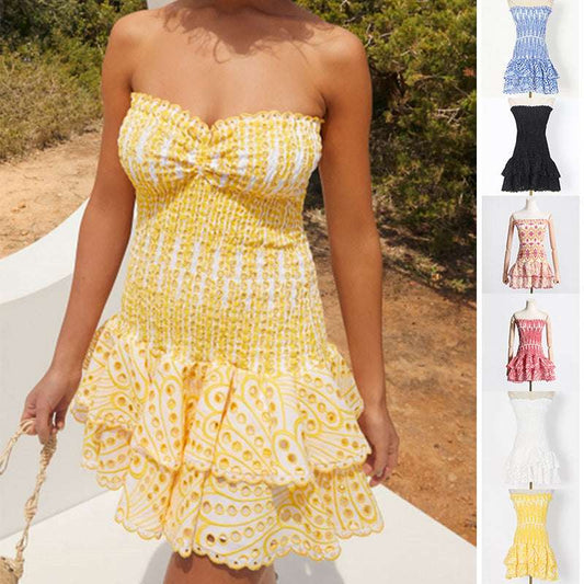 Y2K Tube Top Pleated Dress Ins Fashion Print A-line Short Dresses For Beach Party Clothing Women - globaltradeleader