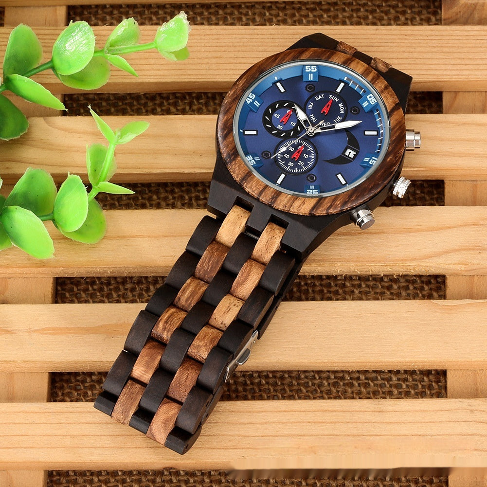 New Multi-functional Calendar Full Wood Band Quartz Watch - globaltradeleader