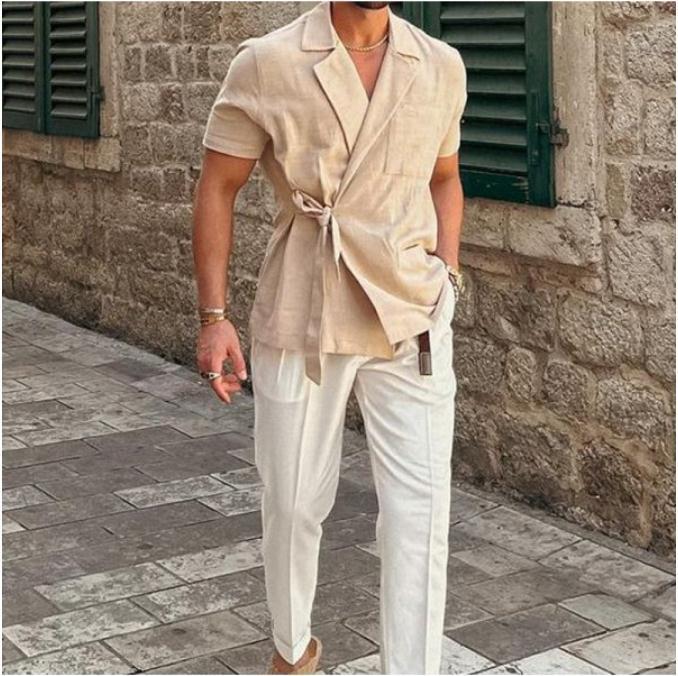 Summer Men's Solid Color Cotton And Linen Suit Lapel Tied Short Sleeve Shirt - globaltradeleader