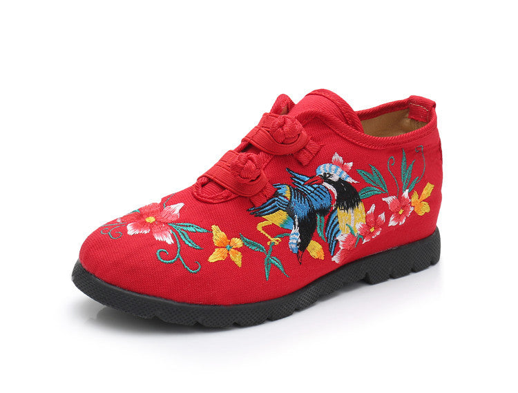 Women's Single Ethnic Embroidered Cloth Shoes With Rubber Platform Elegant Buckle