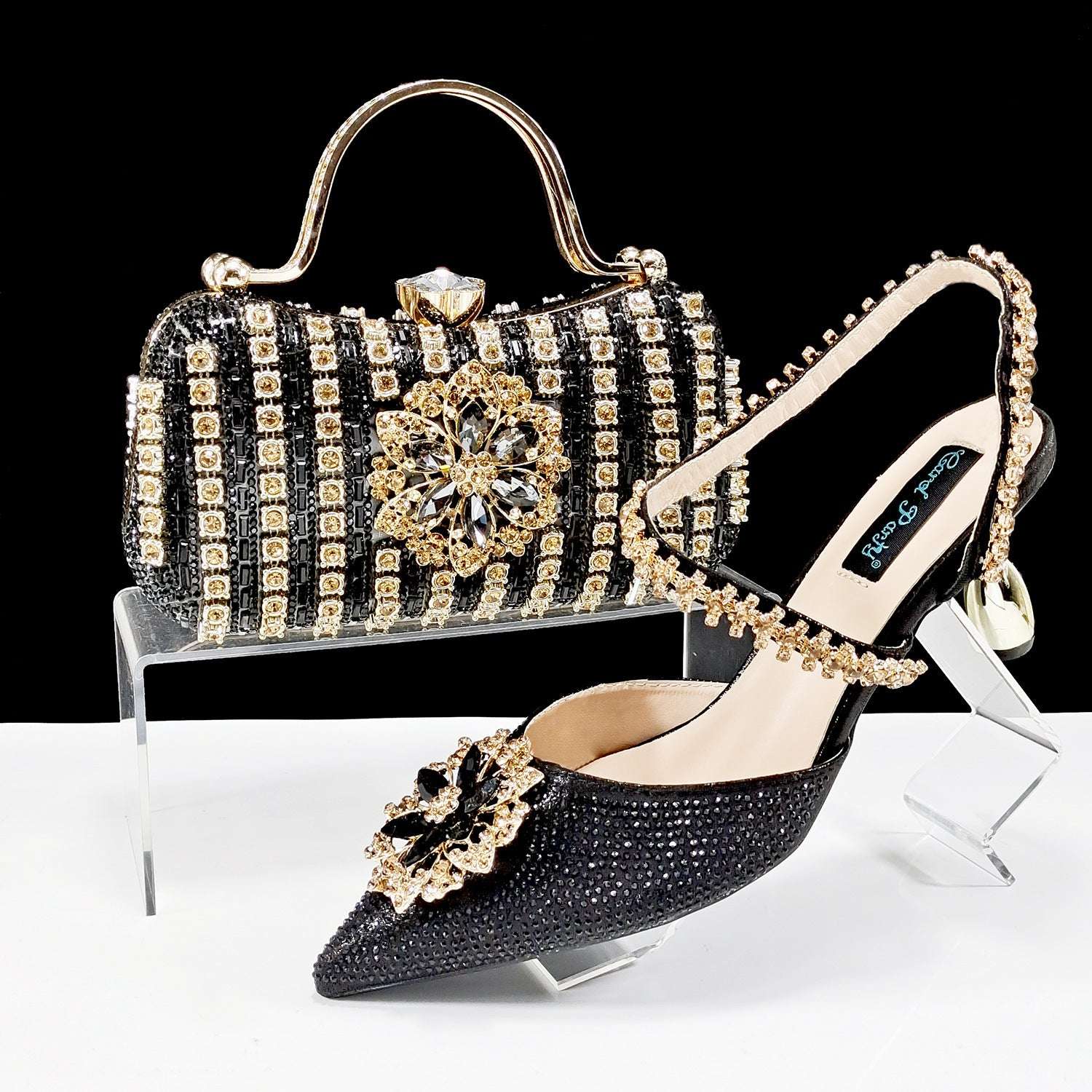 Sexy Women's Shoes And Bags Suit Drill Buckle Flower Decorative Ankle Drill Chain With Hard Clutch - globaltradeleader