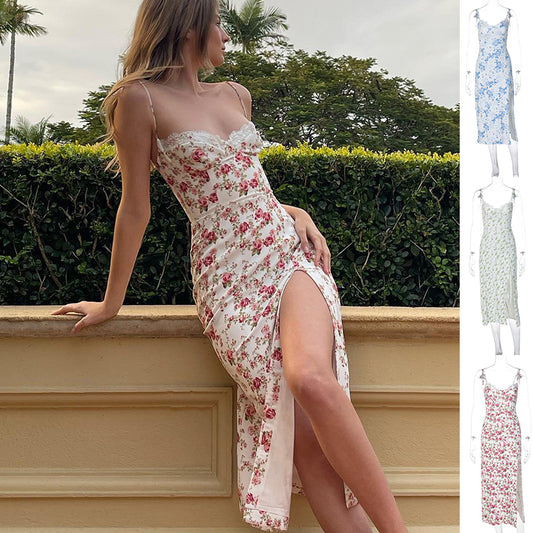 Lace Flowers Print Long Dress Sexy Fashion Slit Suspender Dress Summer Womens Clothing - globaltradeleader