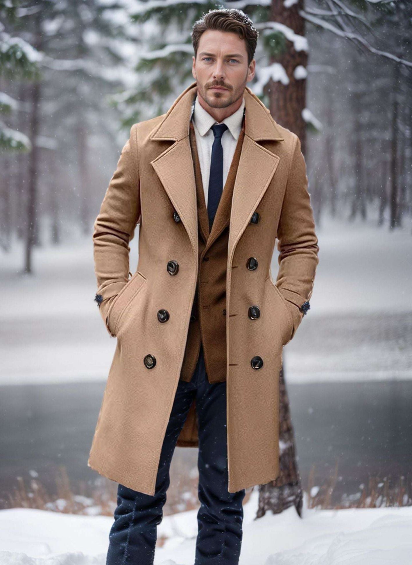 Mid-length Double-breasted Men's Slim-fit Woolen Coat - globaltradeleader