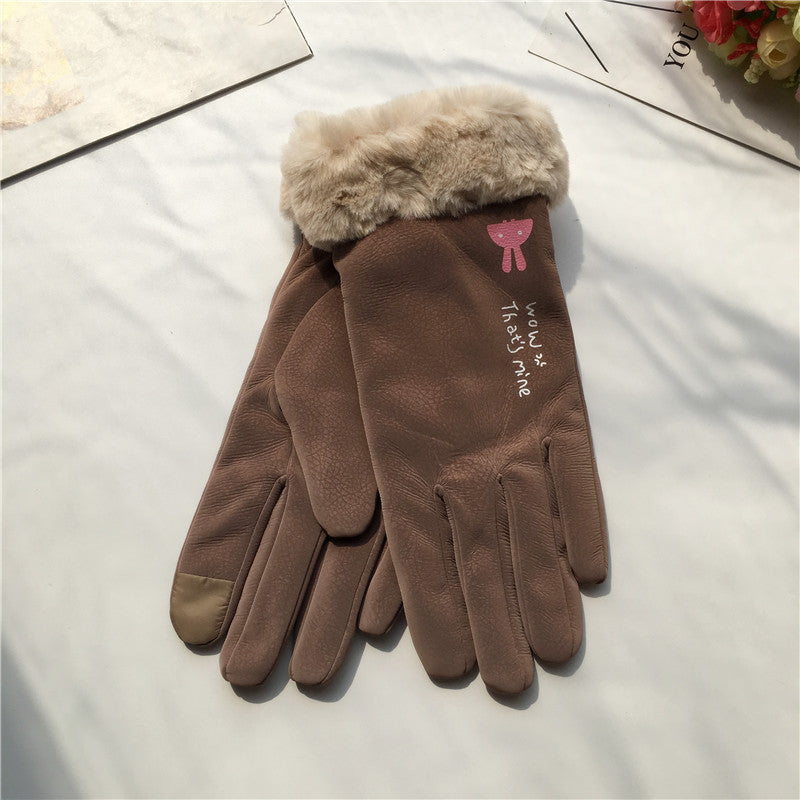 Autumn And Winter Women's Riding Gloves Korean Style Alphabet Cartoon Warm Double Layer Fleece-lined - globaltradeleader
