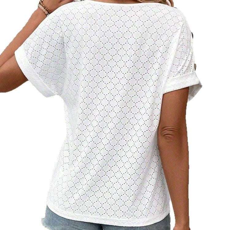 Button Solid Color Circle Loose Short Sleeve T-shirt For Women - globaltradeleader