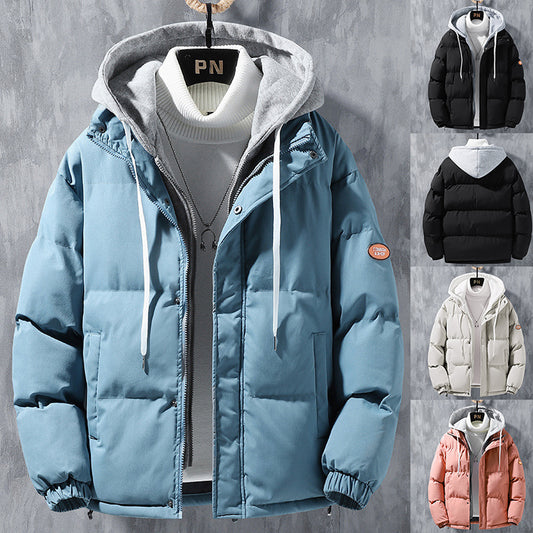 Fashion Hooded Jacket Men Winter Windproof Thickened Fake Two-piece Coat Solid Leisure Sports Cotton Jacket - globaltradeleader