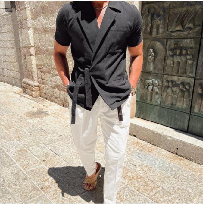 Summer Men's Solid Color Cotton And Linen Suit Lapel Tied Short Sleeve Shirt - globaltradeleader