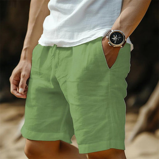 Men's Cotton And Linen Pocket Drawstring Elastic Waist Shorts - globaltradeleader