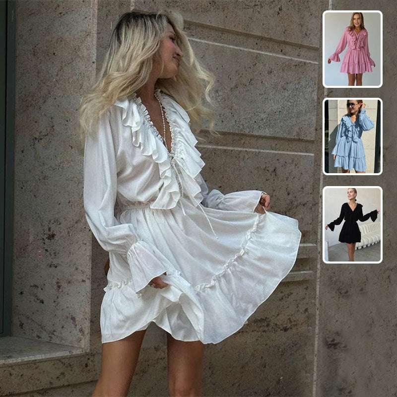Fashion V Neck Pleated Ruffle Long Sleeve Dress Y2K V Neck Flared Sleeve Short Dress Women's Clothing - globaltradeleader