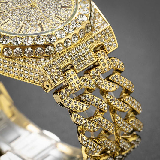 Men's Hip Hop Iced Diamond Fashion Cuban Link Chain Quartz Clock - globaltradeleader