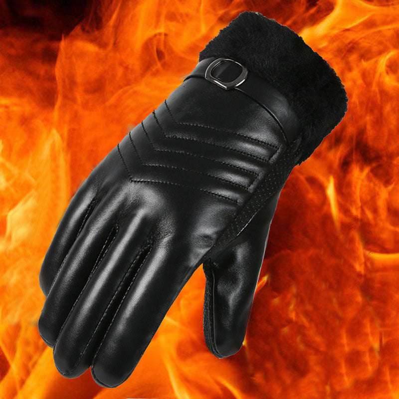 Winter Leather Gloves For Men And Women Velvet Thickened Cold-proof Warm Cycling Anti-slip Touch-screen Large Fleece Gloves - globaltradeleader