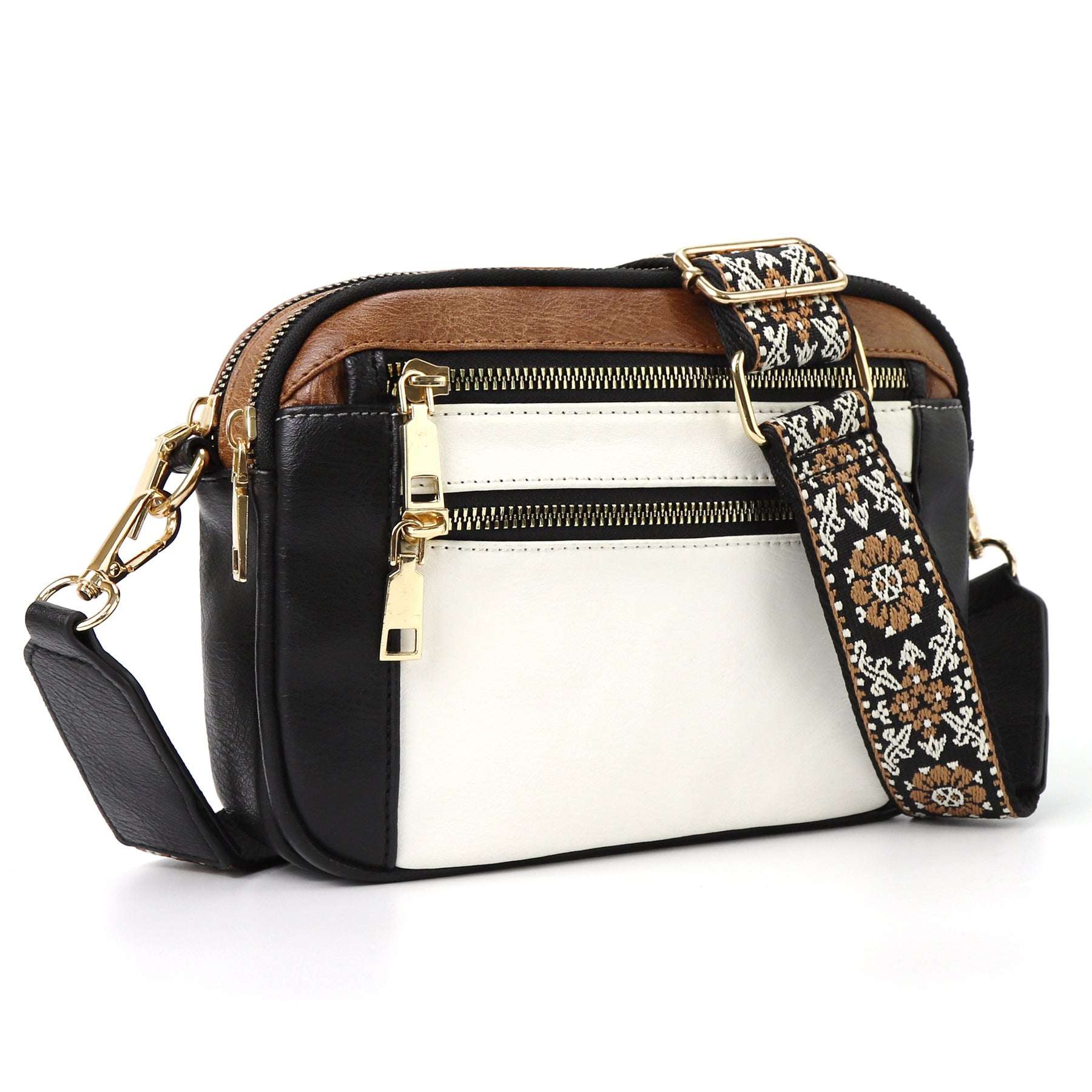 Triple-zipper Shoulder Bag With Floral Embroidered Straps Fashion Colorblock Multi-functional Crossbody Bags For Women - globaltradeleader