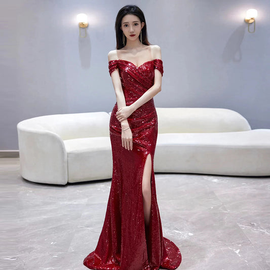 Fishtail Toast Dress Bride Wine Red Split Engagement Dress - globaltradeleader