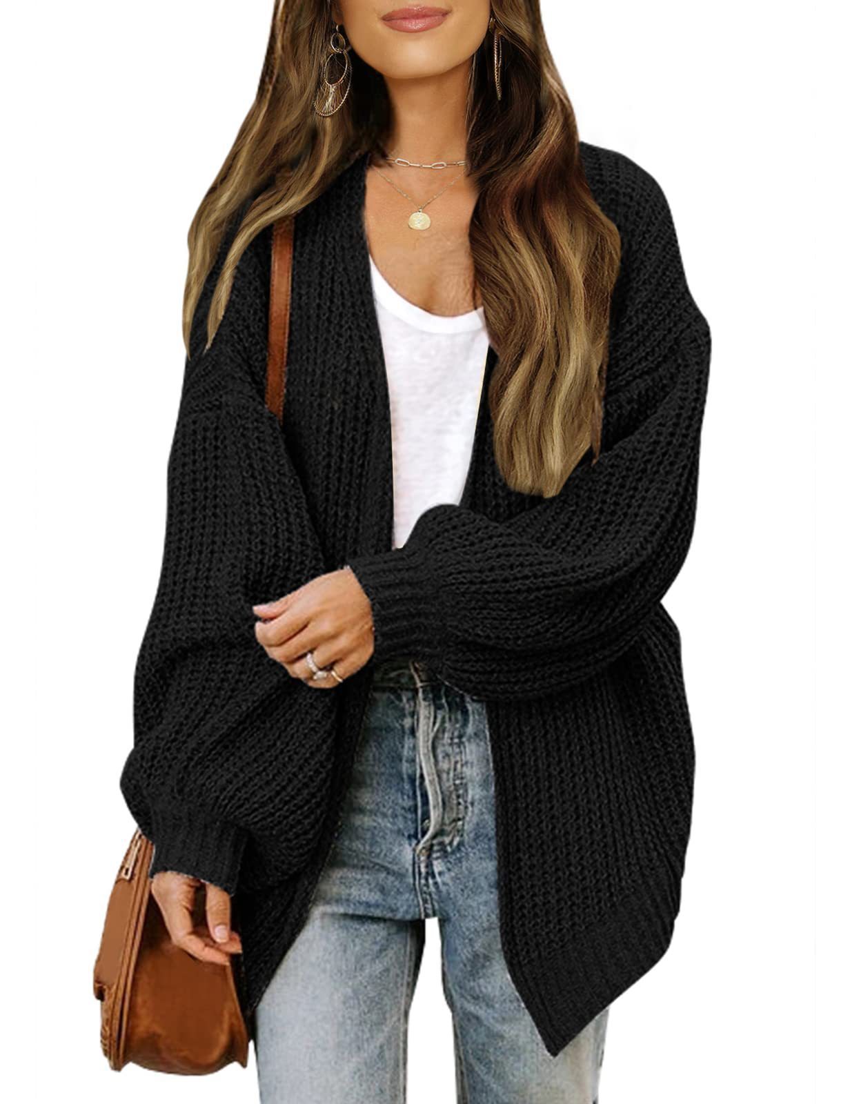 Fashion Lantern-sleeved Sweater With Pockets Casual Loose Solid Knit Cardigan Autumn Tops Womens Clothing - globaltradeleader