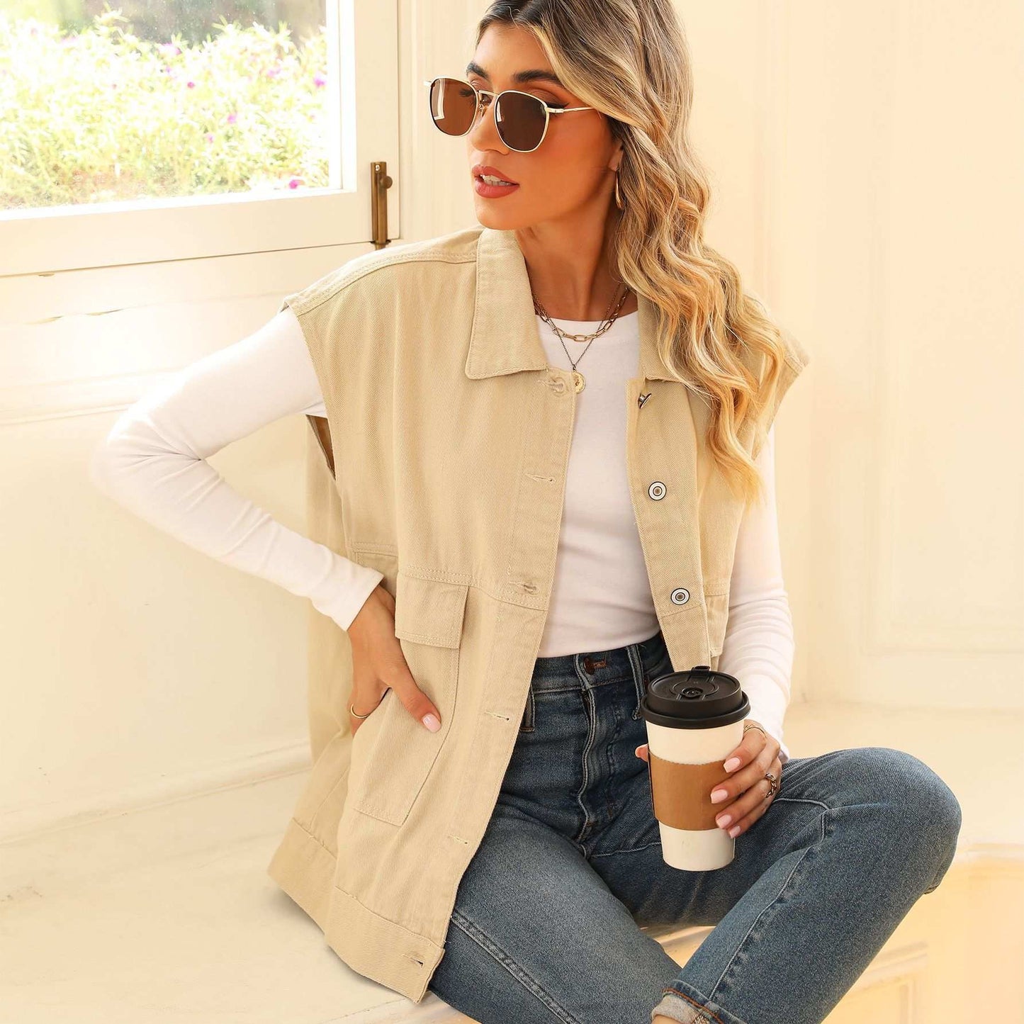 Denim Vest With Big Pockets Fashion Sleeveless Outwear Vest For Womens Clothing - globaltradeleader