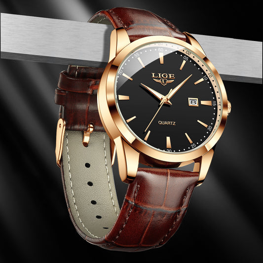 New Men's Quartz Watch Single Calendar Three Needle Leather Belt Waterproof - globaltradeleader