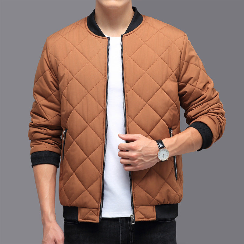 Fashion Rhombic-sewing Design Cotton Coat Winter Warm Thickened Baseball Jacket Casual Solid Color Outwear Clothing For Men - globaltradeleader