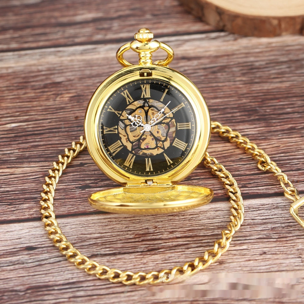 Flip Necklace Gold Double-sided Carved Shield Manual Manipulator Pocket Watch - globaltradeleader