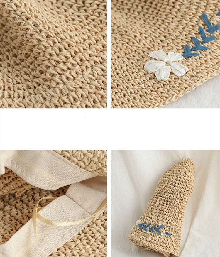 Small Daisy Embroidered Straw Women's Summer Foldable Bucket Hat