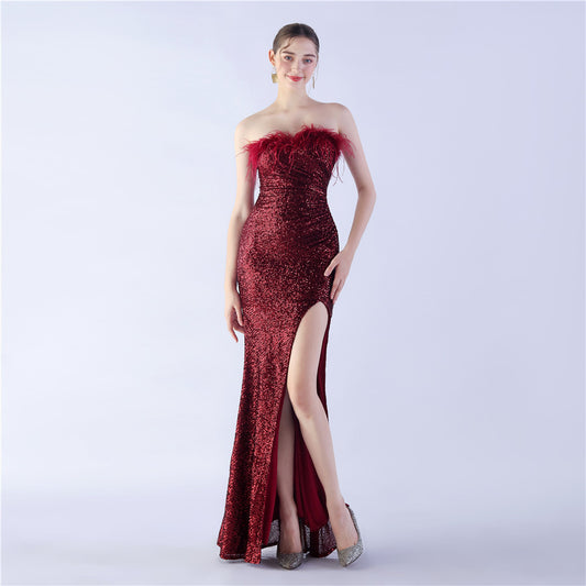 Ostrich Feather Shrink Folding Wrinkle Craft Host High-end Evening Dress - globaltradeleader