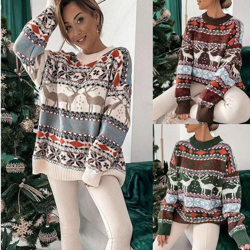 Women's Fashion Round Neck Loose Christmas Theme Jacquard Long Sleeve Sweater - globaltradeleader